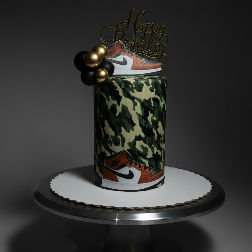 A custom cylindrical cake decorated with a green and beige camouflage pattern and featuring Nike sneakers near the base, topped with a gold 'Happy Birthday' script topper and gold beads, displayed on a silver cake stand against a dark background.