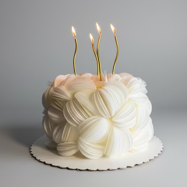 White floral cake with gold candles on a gray background