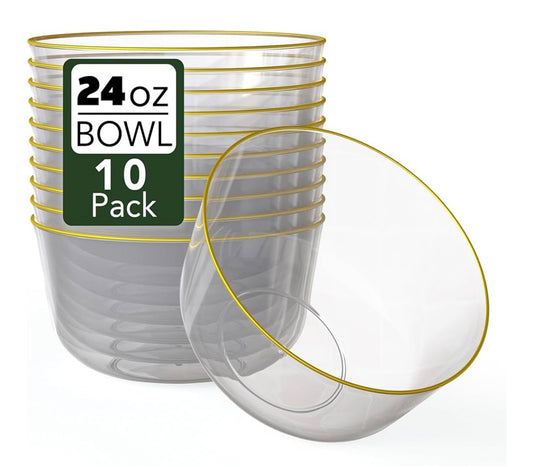 Gold-Rimmed Prestige Plastic Serving Bowls (24 oz, 10 Pack)